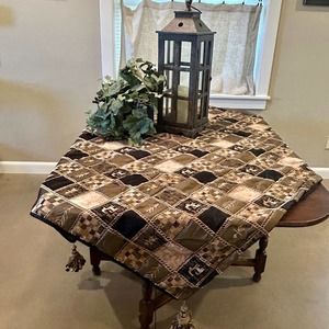 Decorative Black and Gold Damask and Silk table scarf throw 60”x53” with tassles